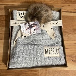 New cute soft scarf and hat that says Blessed by Rae Dunn.